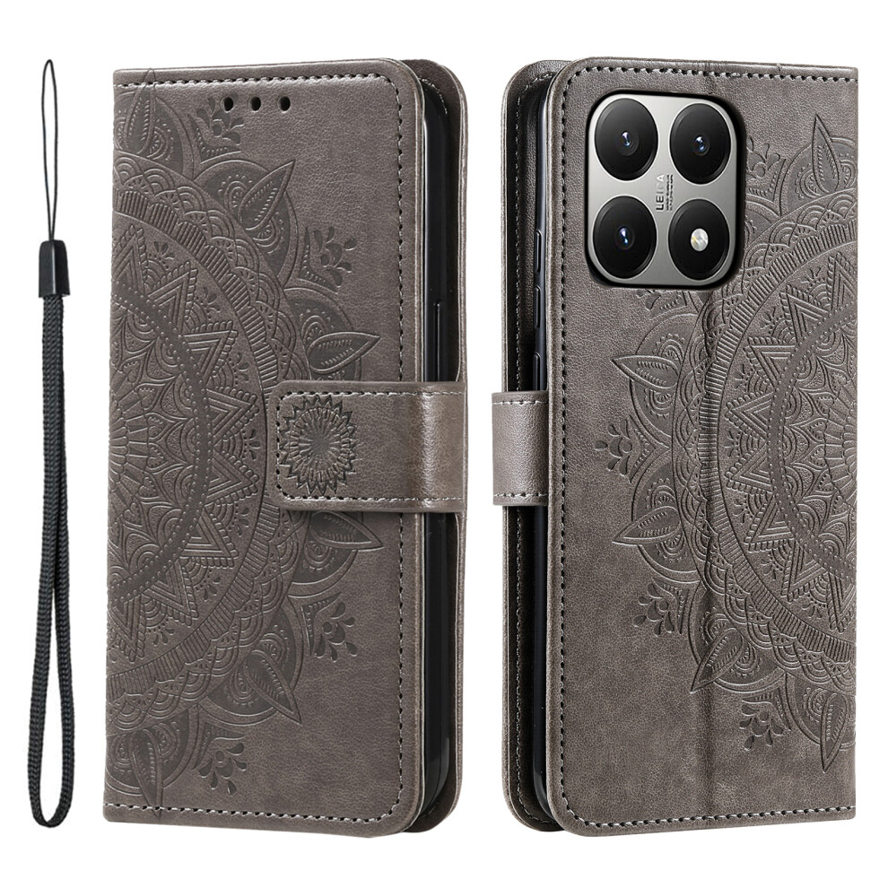 (Grey) For Xiaomi 15T Stand Case Imprinted Totem Pu Leather Wallet Phone Cover With Wrist Strap Grey 6914297485423