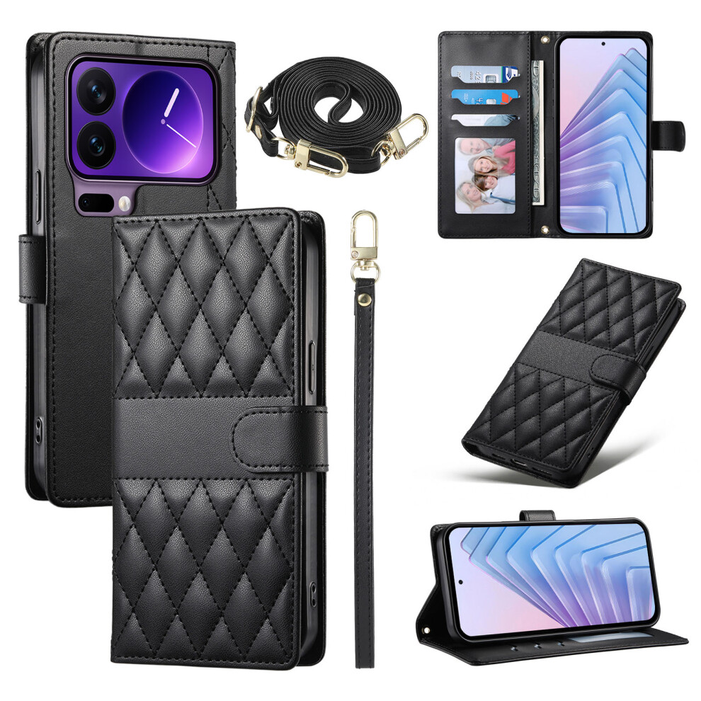 (Black) For Xiaomi 17 Pro Wallet Case Rhombus Stitching Stand Leather Phone Cover With Long / Short Strap Black 6914290265428