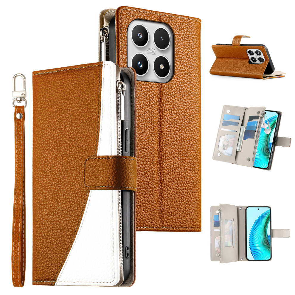 (Brown) For Xiaomi 17 Case Zipper Wallet Color Splicing Leather Flip Phone Cover With Straps Brown 6914293155368