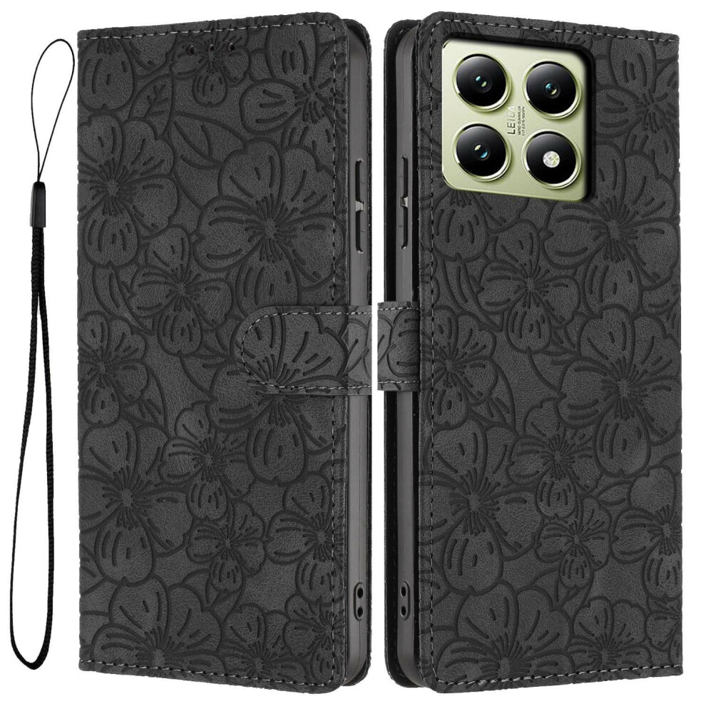 (Black) For Xiaomi 14T Flip Case Cherry Blossom Pattern Leather Wallet Stand Phone Cover With Wrist Strap Black,Red 6914297315850