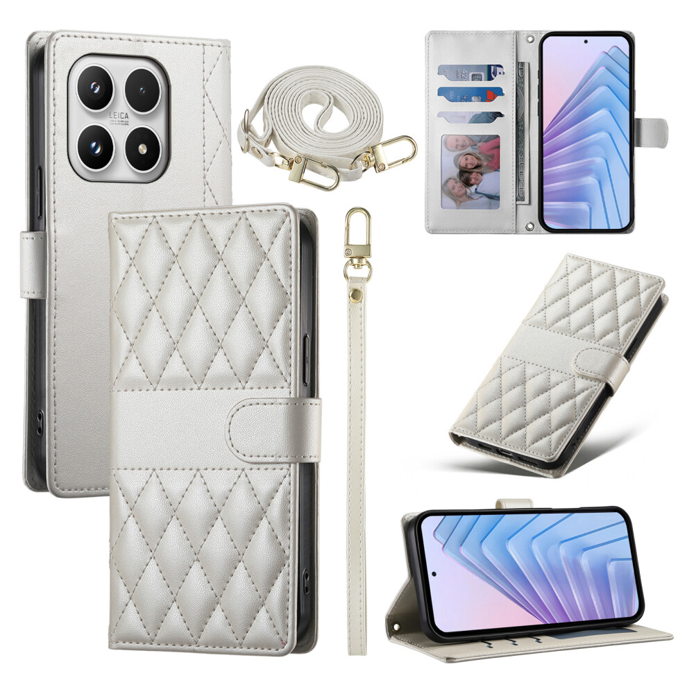 (Beige) For Xiaomi 17 Wallet Case Rhombus Stitching Stand Leather Phone Cover With Long / Short Strap Cream 6914299493204