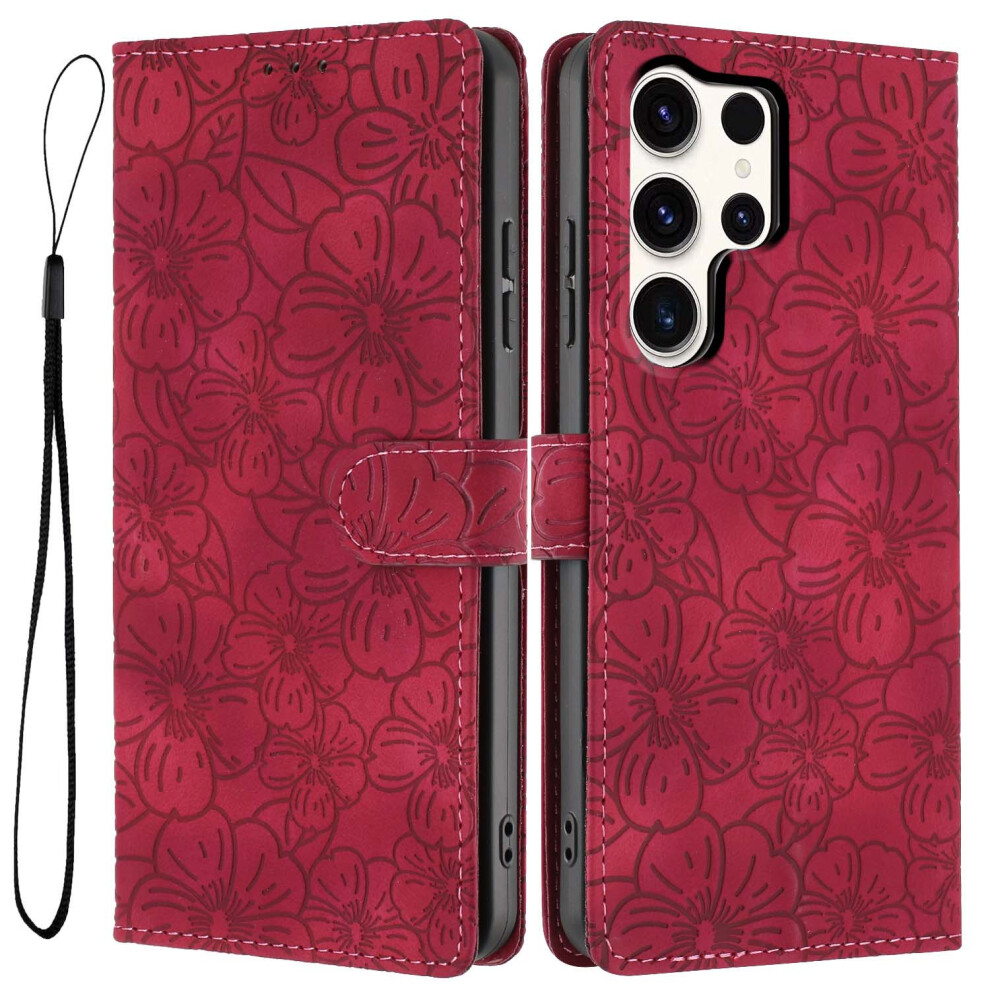 (Wine ) For Samsung Galaxy S24 Ultra Flip Case Cherry Blossom Pattern Leather Wallet Stand Phone Cover With Wrist Strap Red 6914298472217