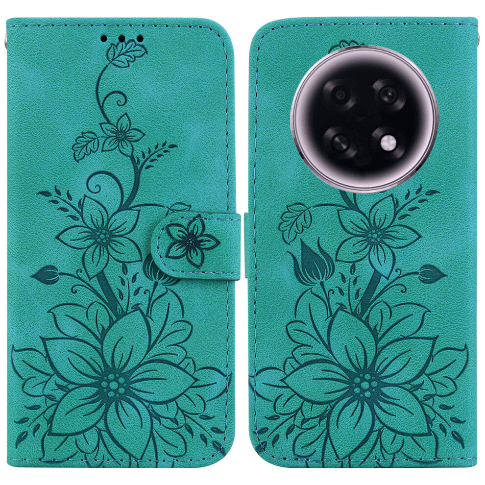 (Green) For Oppo F31 Pro+ 5G / A6 Gt 5G Stand Case Lily Flower Imprint Leather Phone Cover With Wrist Strap Green 6914299308010
