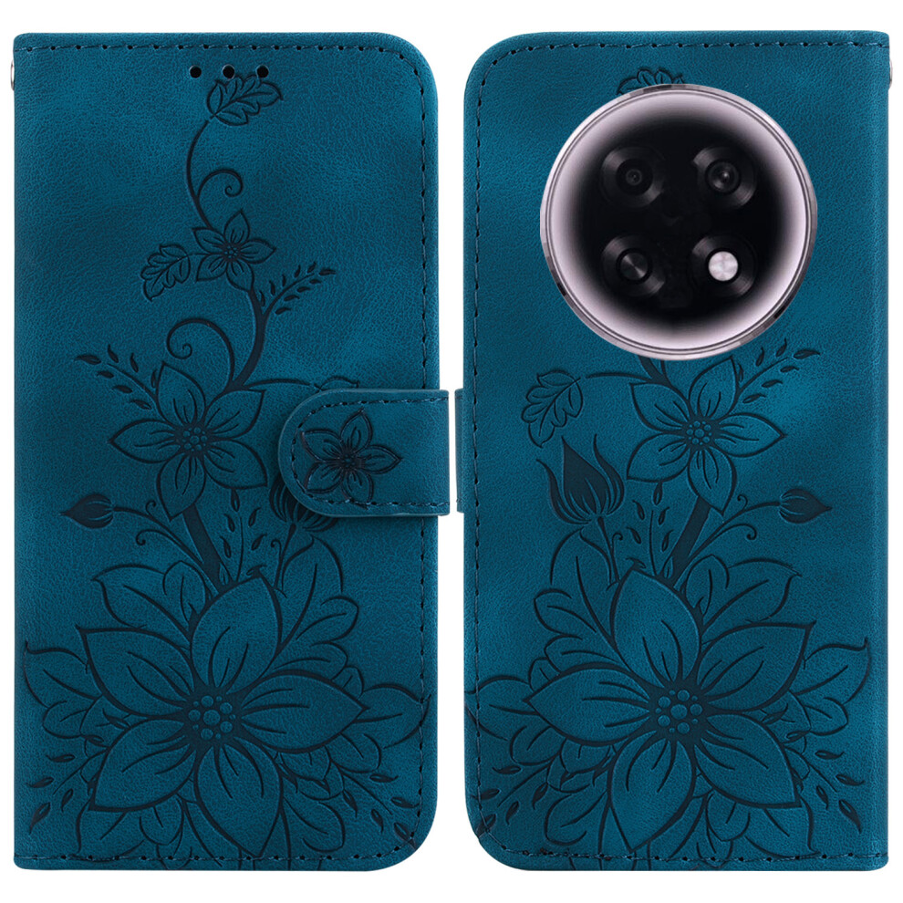 (Dark ) For Oppo F31 Pro+ 5G / A6 Gt 5G Stand Case Lily Flower Imprint Leather Phone Cover With Wrist Strap Blue 6914295501781