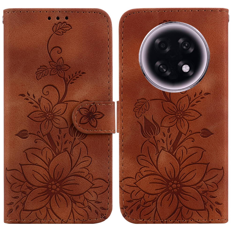 (Brown) For Oppo F31 Pro+ 5G / A6 Gt 5G Stand Case Lily Flower Imprint Leather Phone Cover With Wrist Strap Brown 6914295107853