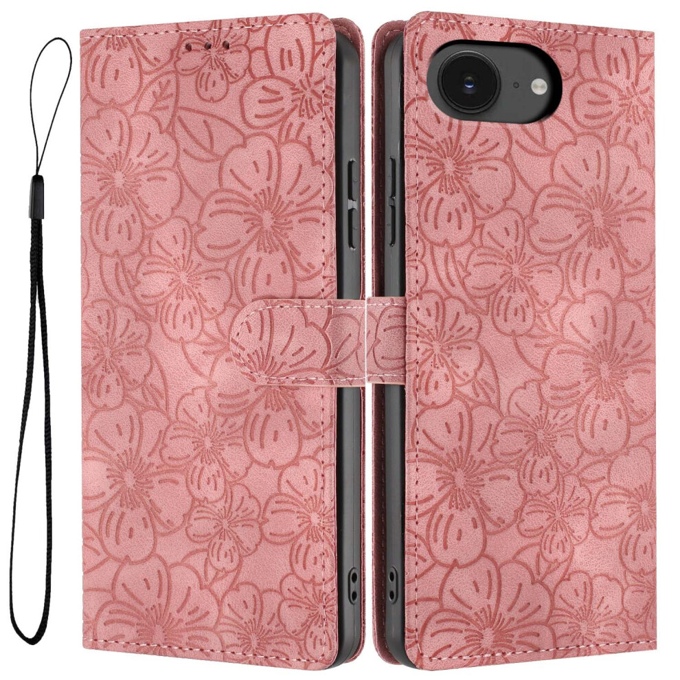 (Pink) For Iphone 17E / 16E Flip Case Cherry Blossom Pattern Leather Wallet Stand Phone Cover With Wrist Strap Pink,Red 6914297568539