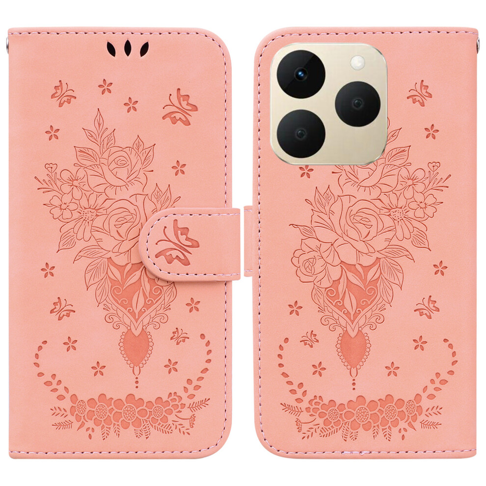 (Pink) For Realme 15T 5G Case Butterfly Flower Imprint Pu Leather Wallet Phone Cover With Strap Pink 6914295422253