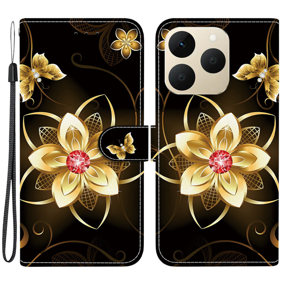 ( Flower) For Realme 15T 5G Case Pattern Printing Leather Flip Wallet Phone Cover With Lanyard Golden 6914294612723