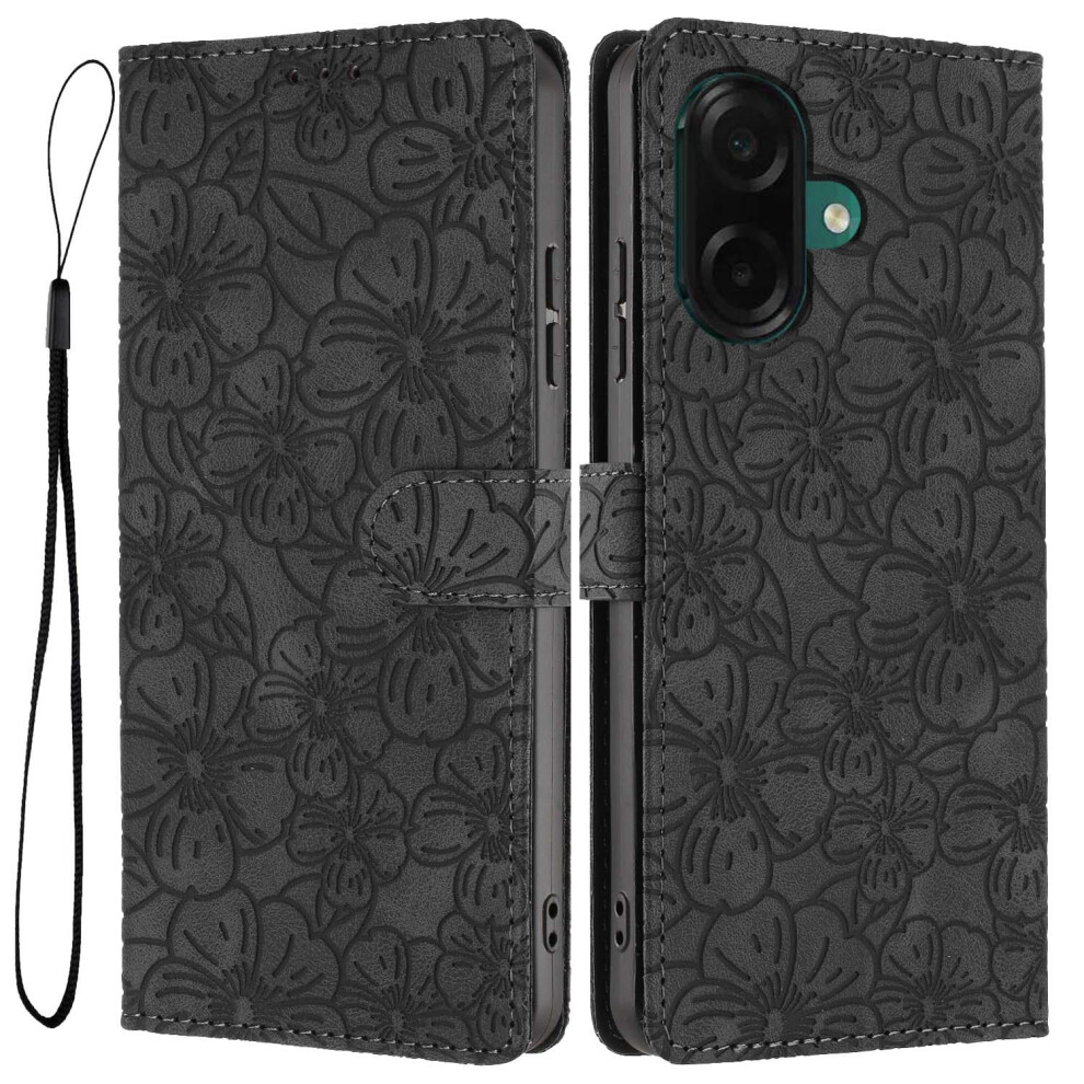 (Black) For Samsung Galaxy A05 4G Flip Case Cherry Blossom Pattern Leather Wallet Stand Phone Cover With Wrist Strap Black,Red 6914294728257