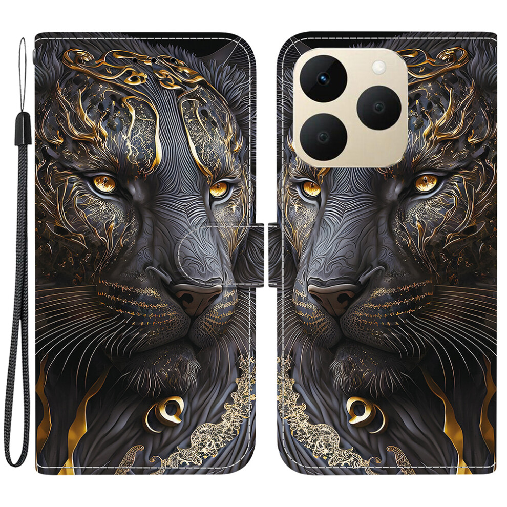 (Black Gold Lion) For Realme 15T 5G Leather Case Stand Wallet Pattern Printing Phone Cover With Wrist Strap Black,Gold 6914298422588