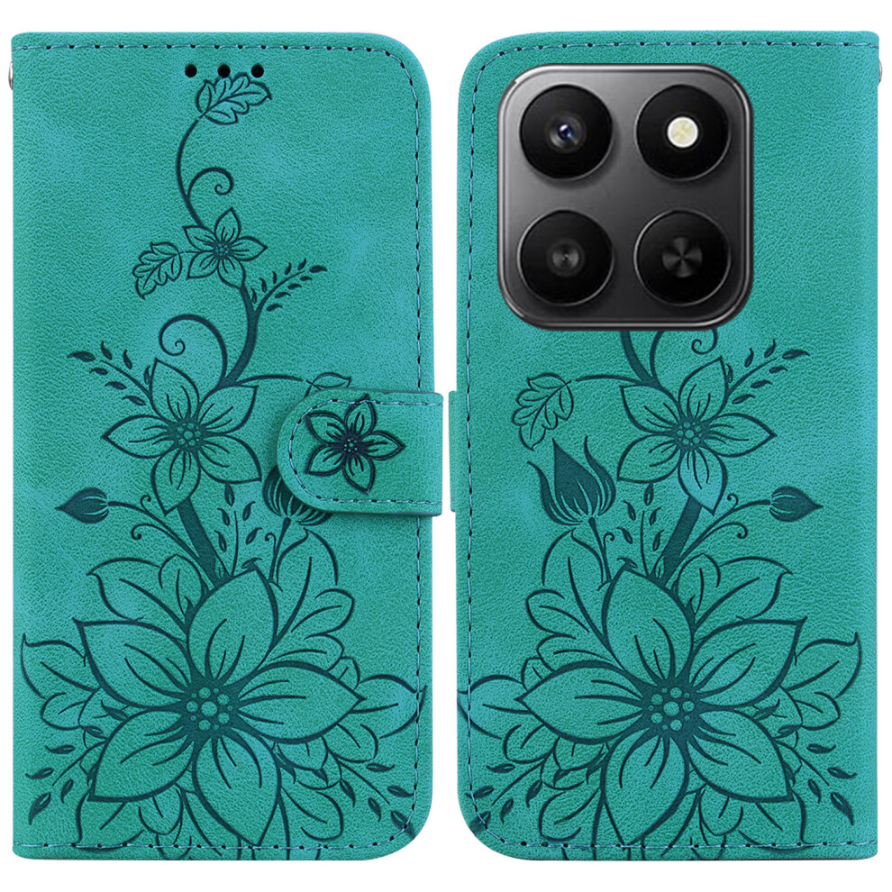 (Green) For Honor 400 Smart 5G / 4G / X7d 4G Stand Case Lily Flower Imprint Leather Phone Cover With Wrist Strap Green 6914296952315
