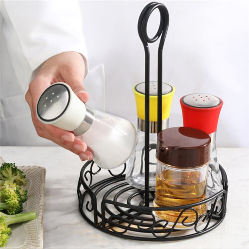 Kitchen Round Wire Condiment Storage Rack, Black Metal Organizer for Restaurant Tables 1