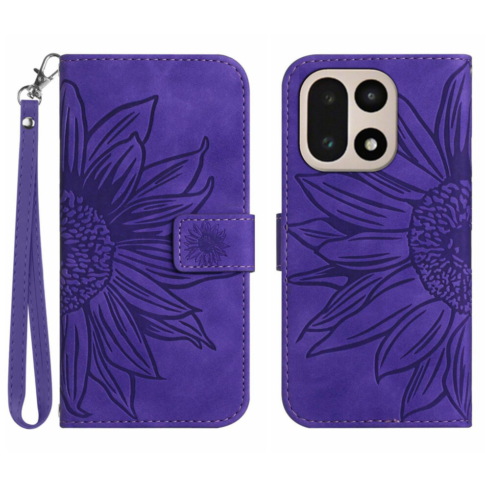 (Dark ) For Oneplus 15 5G Case Sunflower Imprint Leather Wallet Phone Cover With Wrist Strap Purple 6914299080992