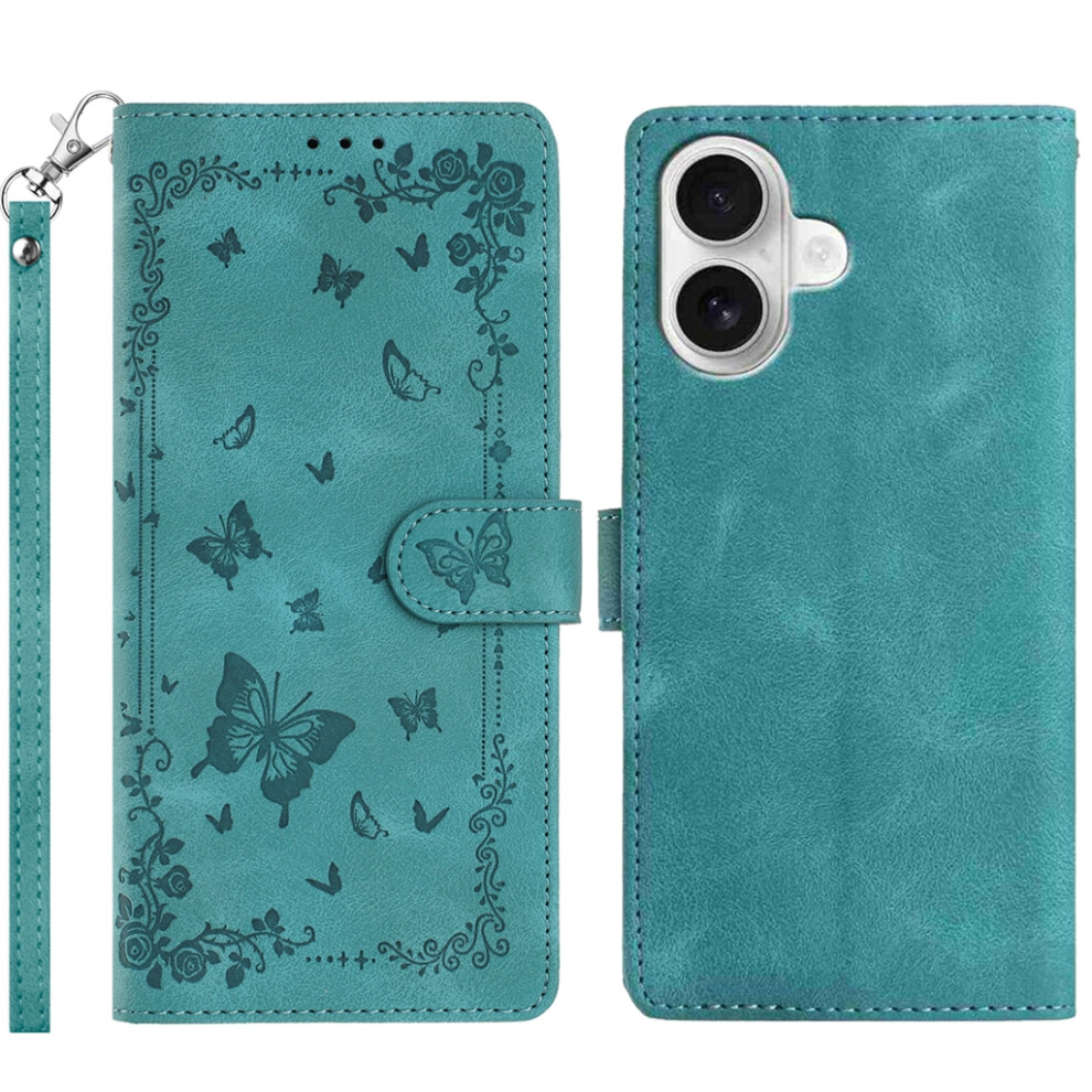 (Green) For Iphone 17 Case Garden Imprinted Pu Leather Wallet Phone Cover With Wrist Strap Green 6914299896593