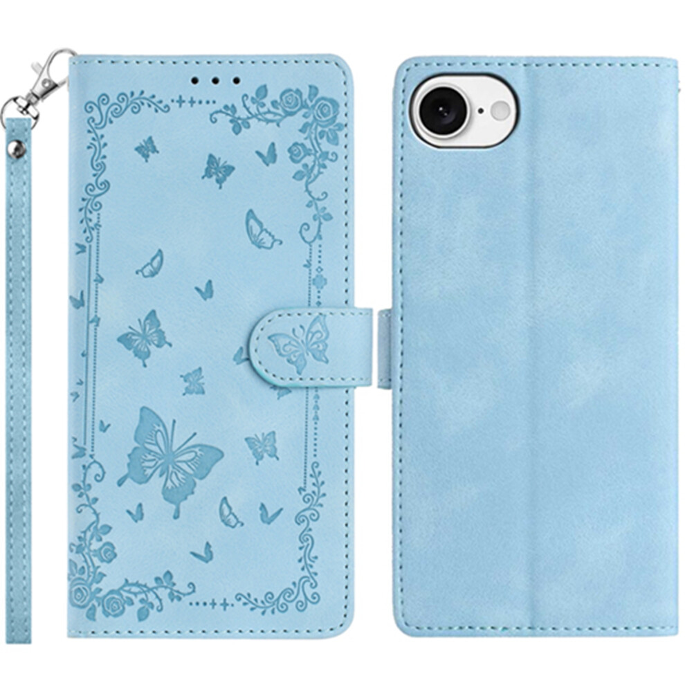 (Baby ) For Iphone 17E / 16E Case Garden Imprinted Pu Leather Wallet Phone Cover With Wrist Strap Blue 6914296198027