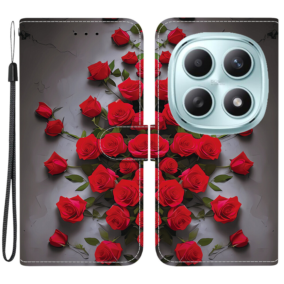( Rose) For Xiaomi Poco M8 5G / Mi Note 15 5G (Global) Leather Case Stand Wallet Pattern Printing Phone Cover With Wrist Stra Red 6914299534617