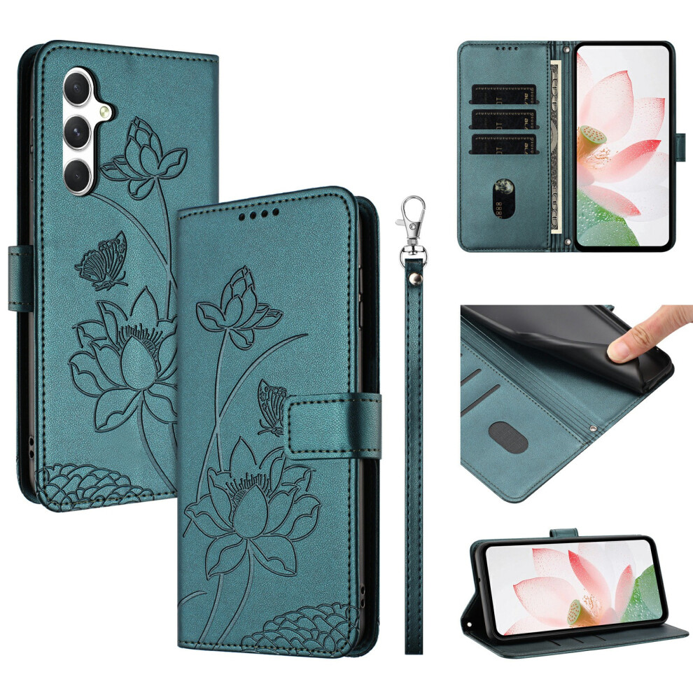 (Dark ) Leather Case For Samsung Galaxy A26 5G / A17 5G / A17 4G / A16 5G / A16 4G Wallet Stand Lotus Imprint Phone Cove Green 6914292850523