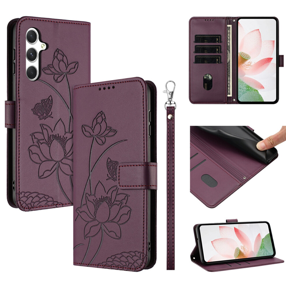 (Wine ) Leather Case For Samsung Galaxy A26 5G / A17 5G / A17 4G / A16 5G / A16 4G Wallet Stand Lotus Imprint Phone Cove Red 6914294757141