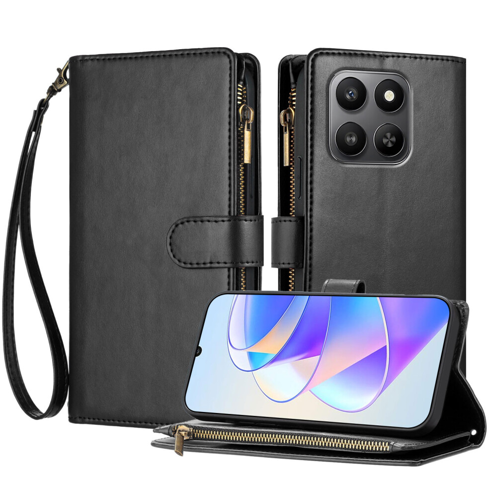 (Black) For Honor 400 Smart 4G / Honor X7d 4G / Honor X7d 5G / Honor 400 Smart 5G Leather Case Zipper Wallet Stand Shockproof Ph Black 6914299453437