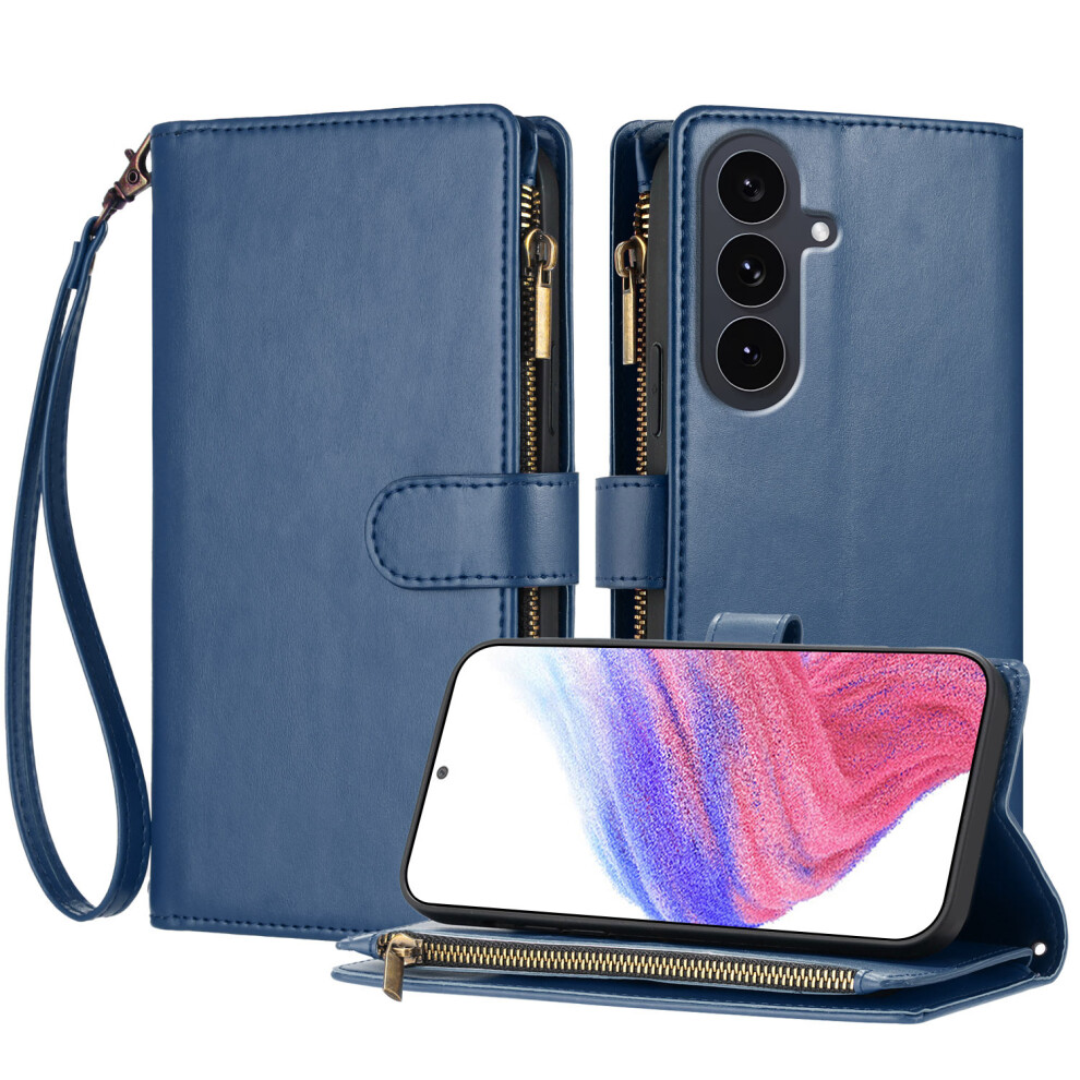 (Blue) For Samsung Galaxy S25 Fe Leather Case Zipper Wallet Stand Shockproof Phone Cover With Wrist Strap Blue 6914294851627