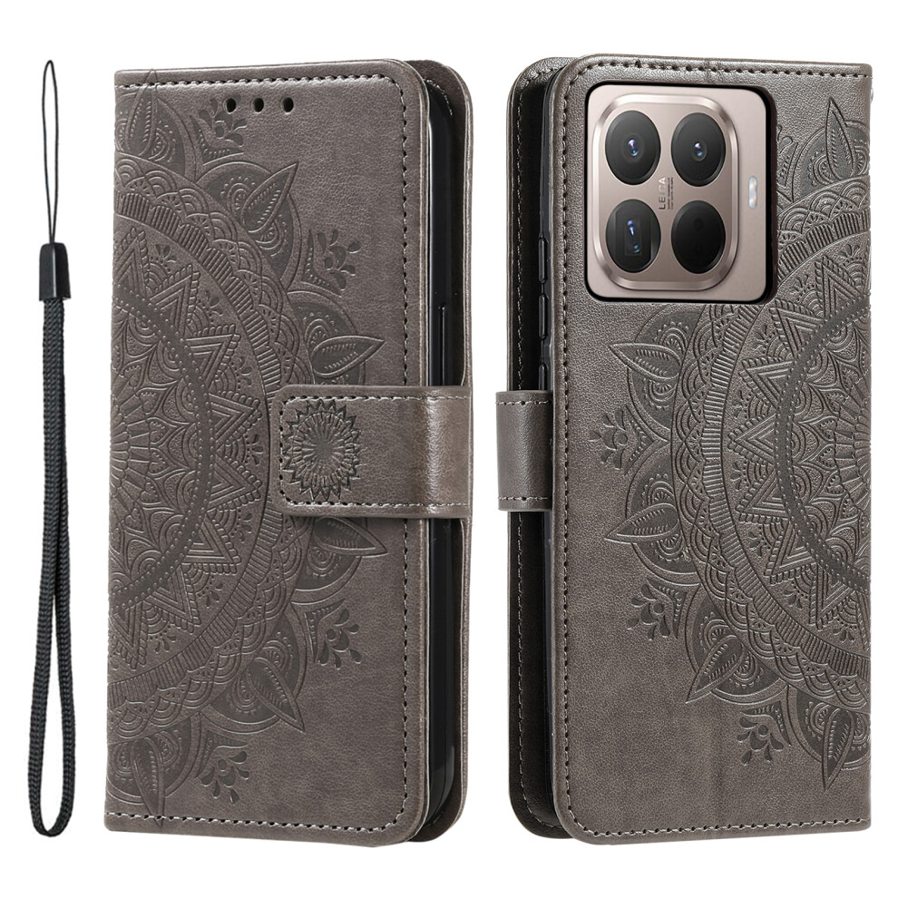 (Grey) For Xiaomi 15T Pro Stand Case Imprinted Totem Pu Leather Wallet Phone Cover With Wrist Strap Grey 6914295237529
