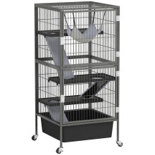 4-laags kooi voor kleine dieren met hellingen, platforms, hangmat en wielen, 52x52x115 cm, grijs