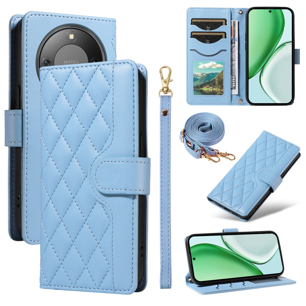 (Blue) For Honor Magic8 Lite 5G / X9d 5G / X70 5G Wallet Case Rhombus Leather Phone Cover With Strap Blue 6914290793471