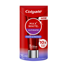 Colgate Max White Ultimate Renewal Whitening Toothpaste Deeply & Safely whitens with Active Oxygen Molecules for 10X Whiter Teeth*. *Stains Caused by