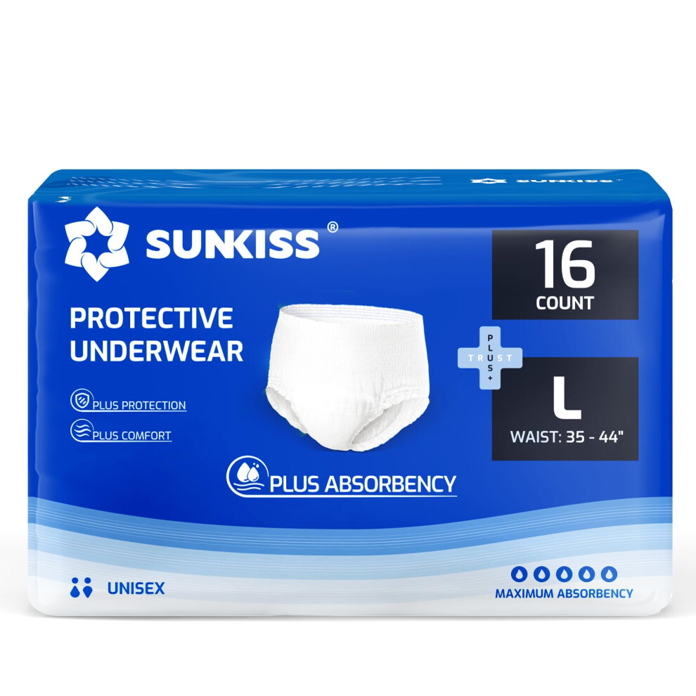 Sunkiss Trustplus Incontinence Pants For Men And Women, Adult Pull Ups, Disposable Protective Underwear, Maximum Absorbency, Odour Control, Large, 16