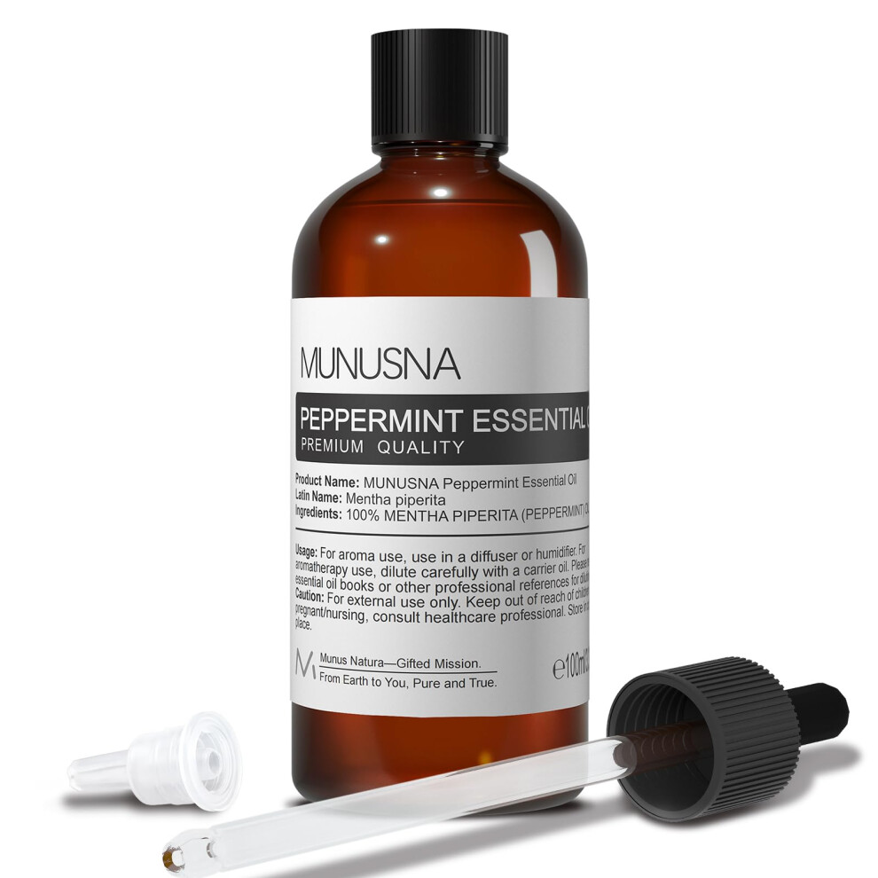 Munusna Peppermint Essential Oil 100Ml, 100% Pure Peppermint Oil For Aromatherapy, Mint Fragrance Oil For Home For Diffusers, Candle And Soap Making