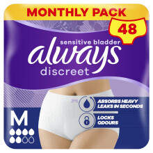 Always Discreet Incontinence Pants, Medium, Disposable Underwear, UK Size 8-14, White, Absorbency 6, 48 Underwear, Knickers (12 x 4 Packs), Bladder L