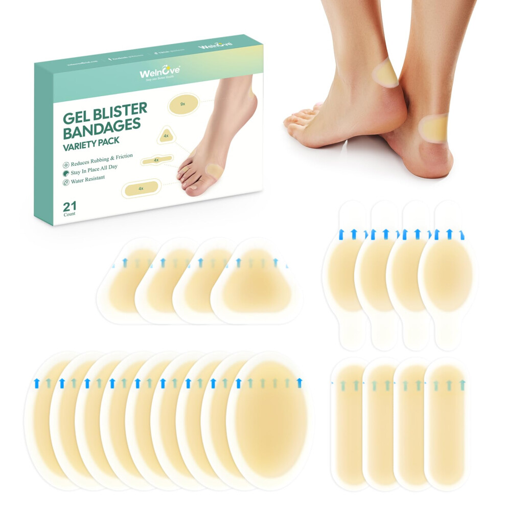 Welnove 21 Pieces Blister Plasters For Feet - Invisible Hydrocolloid Gel Blister Bandages - Blister Cushions For Heel, Toe & Foot, Water Resistant Ba