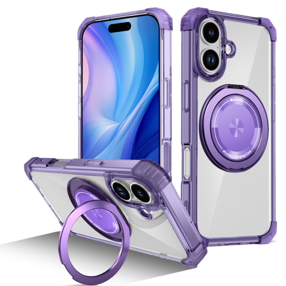 (Transparent ) For Iphone 17 Case Compatible With Magsafe Rotating Kickstand Pc + Tpu Back Cover Purple 6914291372552