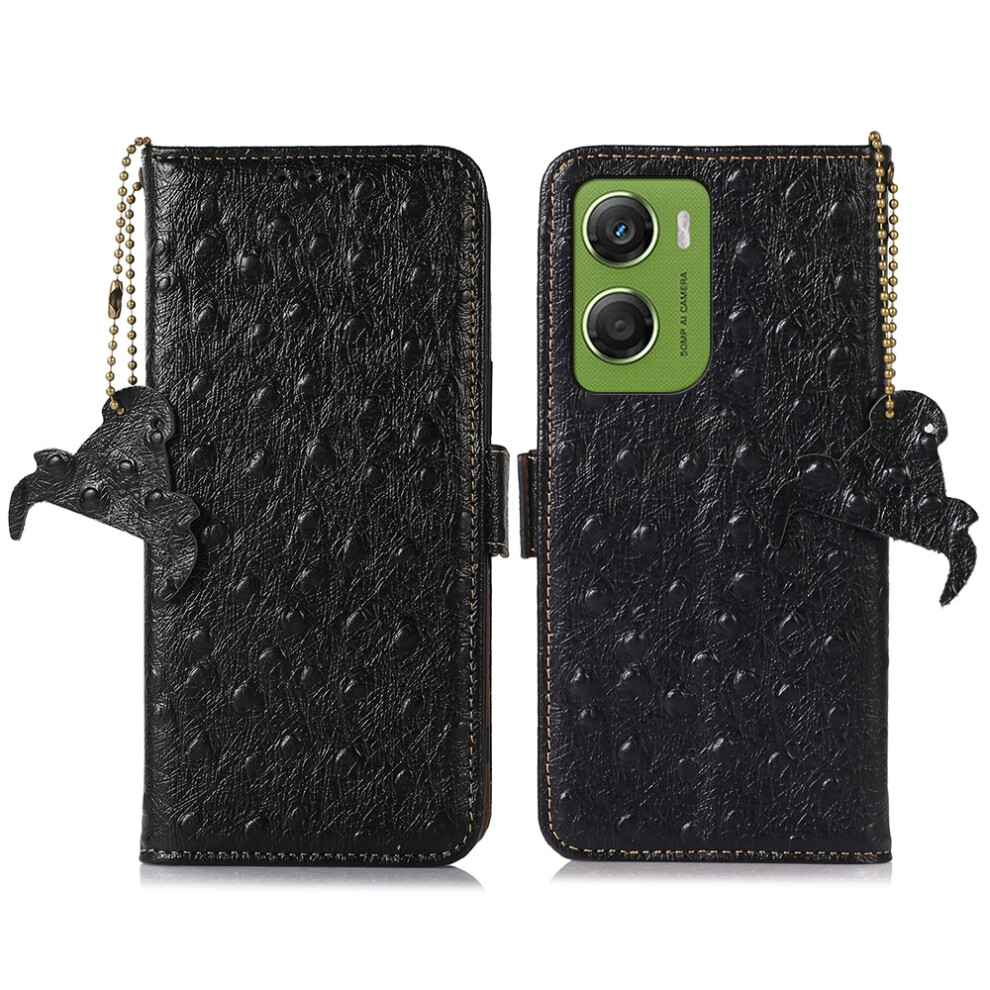 (Black) For Motorola Moto G06 Power 4G / G06 4G Case Rfid Blocking Genuine Cow Leather Phone Case Ostrich Texture Black 6914292331633