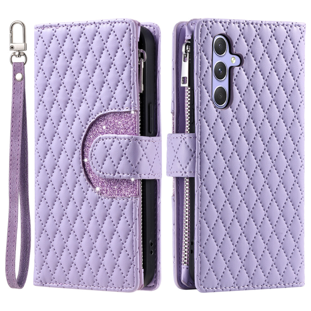 (Purple) For Samsung Galaxy S26 Case Zipper Pocket Glitter Leather Phone Cover With Wrist Strap Purple 6914293997715