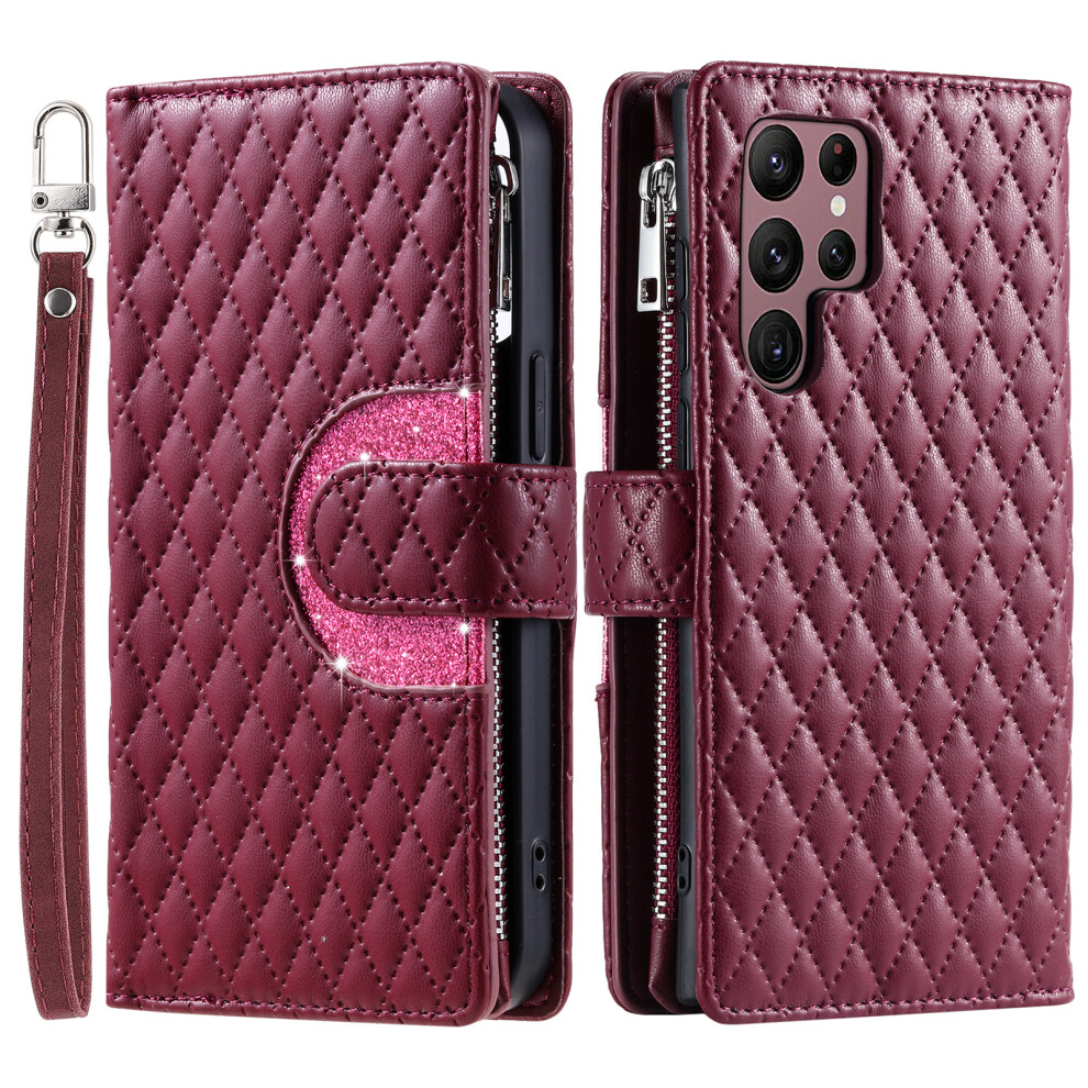 (Wine ) For Samsung Galaxy S26 Ultra Case Zipper Pocket Glitter Leather Phone Cover With Wrist Strap Red 6914291104535