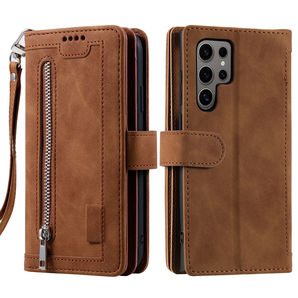(Brown) For Samsung Galaxy S26 Ultra Case 9 Card Slots Zipper Wallet Pu Leather Phone Cover With Wrist Strap Brown 6914293662712