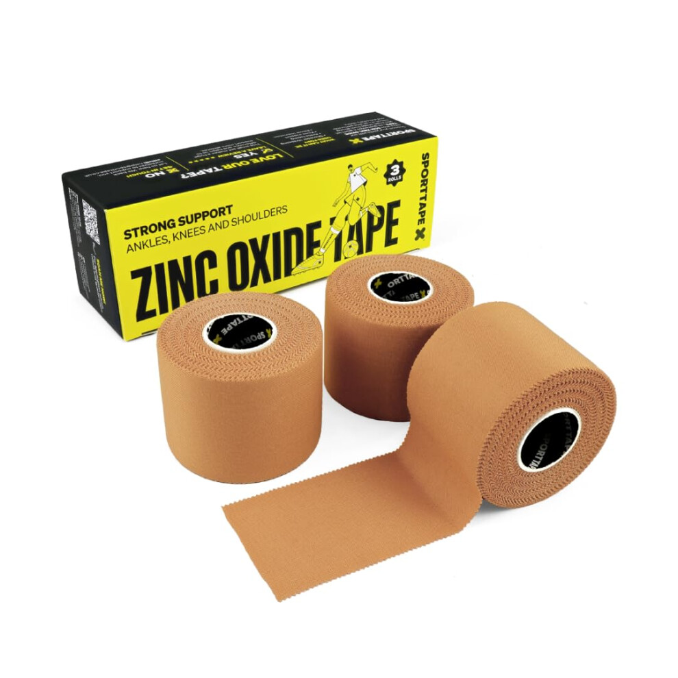 Sporttape 3 Rolls Tan Zinc Oxide Tape 5Cm X 10 M Â Rigid Rayon Strapping For Knee, Shoulder, Elbow & Joint Support | Strong Adhesive Athletic Tape F