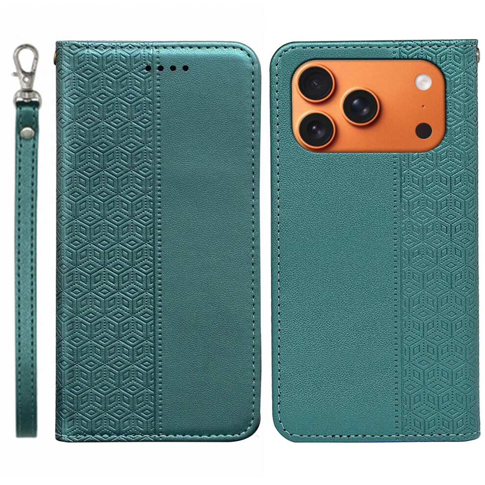 (Green) For Iphone 17 Pro Wallet Phone Case Checkered Pattern Imprint Leather Flip Cover With Wrist Strap Green 6914295430975