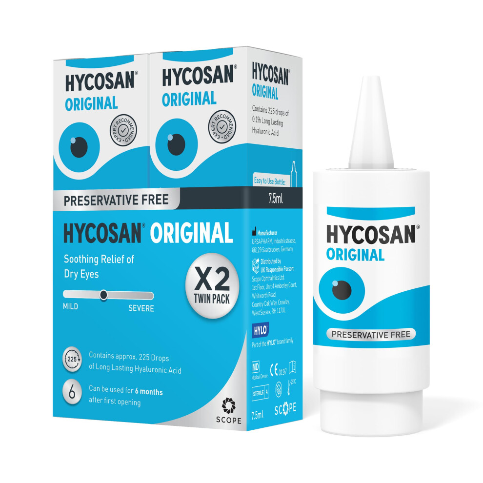 Photos - Vitamins & Minerals Hycosan Original - Twin Pack - Eye Drops with Hyaluronic Acid for Treatment and Rapid Relief of Mild to Moderate Dry Eyes 
