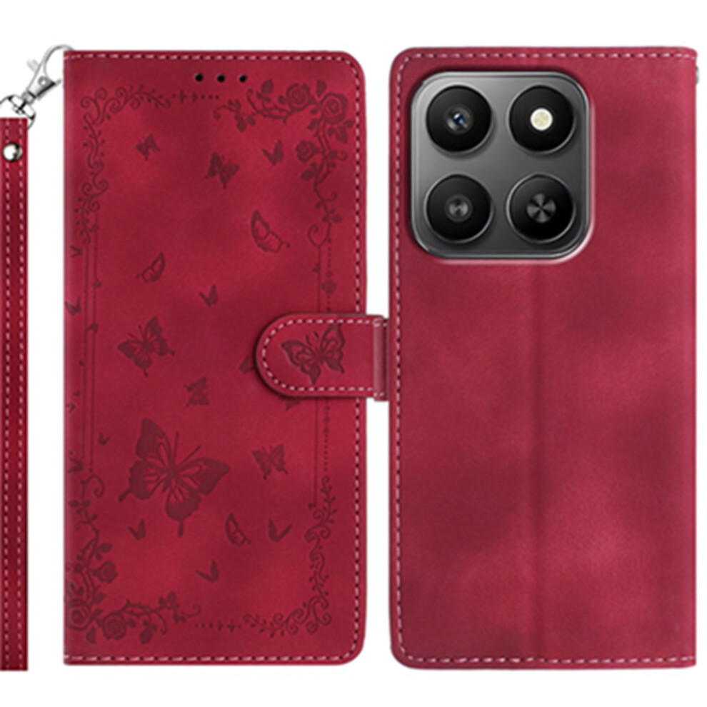 (Dark ) For Xiaomi 17 Case Garden Imprinted Pu Leather Wallet Phone Cover With Wrist Strap Red 6914296066449
