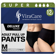12 x Black Incontinence Pants Women & Men | Super Pull Up Pants | Adult Nappies | High Absorption and Soft-Stretch Waistband | Waist Size Medium 65-1
