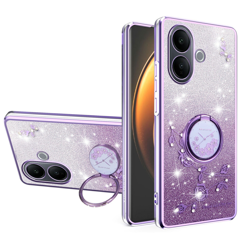 (Purple) Kadem For Vivo V60 Lite 4G / 5G Case Ring Kickstand Tpu Flowers Phone Cover Gradient Glitter Purple 6914298576779