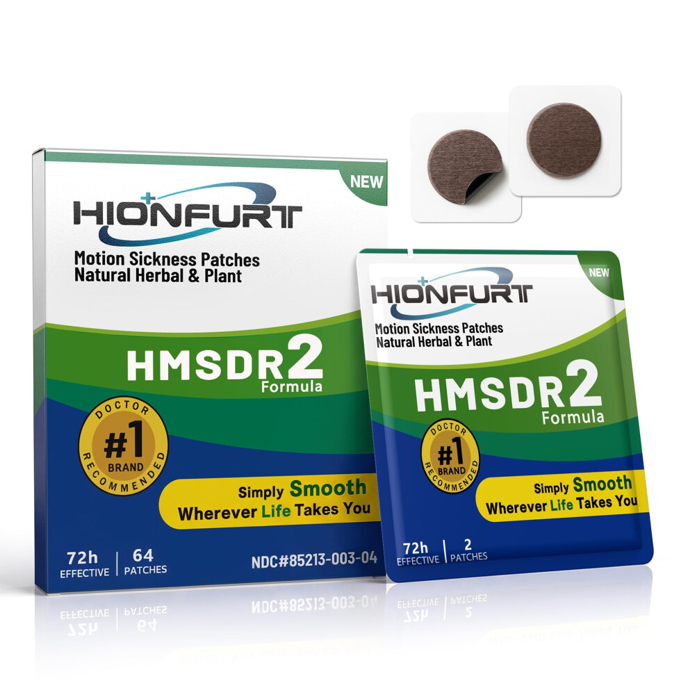 Hionfurt Hmsdr2 Motion Sickness Patches - 64 Count For Fast Nausea Relief In Car, Sea, Air Travel - Travel Sickness Patches Non-Drowsy, Effective, La