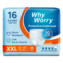 WhyWorry Incontinence Pants for Women and Men, Disposable Adult Pull Ups with Overnight Absorbency, Odor Control, Unisex, XXLarge, 16 Count