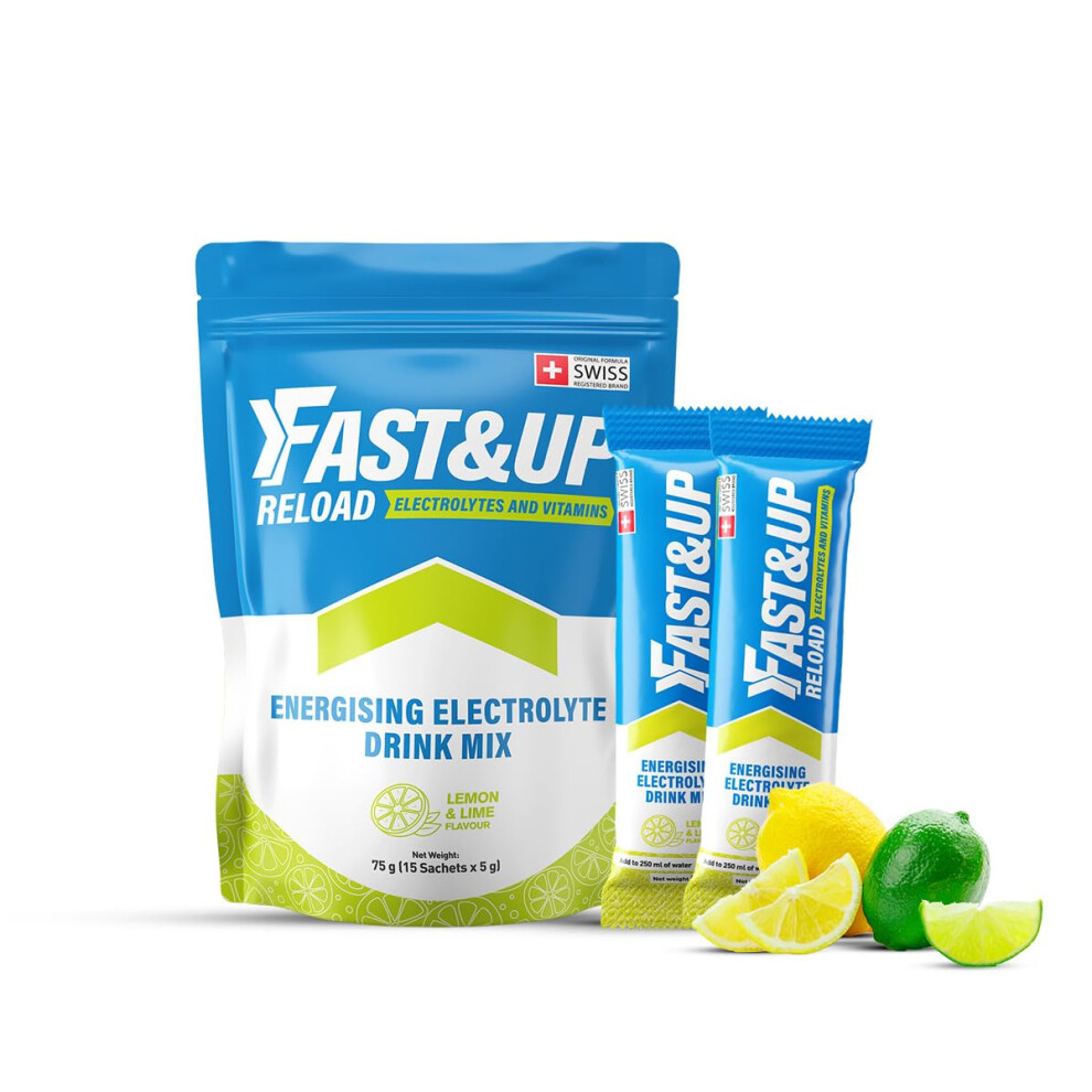 Fast&Up Reload Electrolyte Powder Drink Mix |15 Sachets| 5 Electrolytes & Vitamins For Instant Hydration & Energy | (Lemon & Lime)