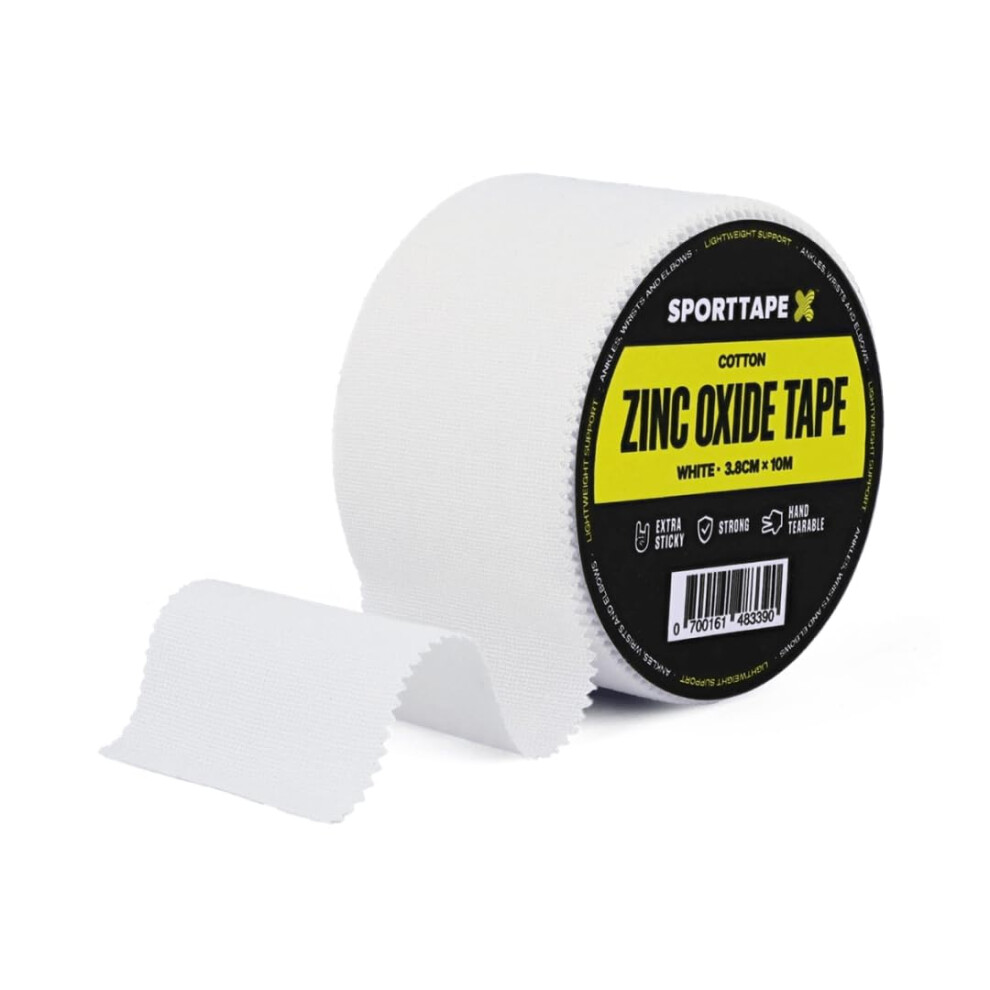 Sporttape Zinc Oxide Tape - 3.8Cm X 10M | White Sports Strapping | Ankle Stability, Blister Prevention For Foot & Wrist Support | Boxing, Rugby & Foo