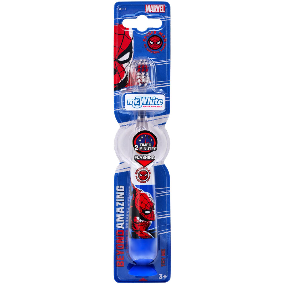 Kp Pharma Marvel Spiderman Kids Led Toothbrush With 2 Minute Flashing Light Timer, Soft Bristles, Non-Slip Handle & Suction Cup For Children Aged 3-14 Years Ol