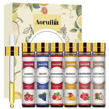 Aoruilia 6 x 10ml Fruity Essential Oils Set for Aromatherapy, Diffuser, Home Fragrance, Relaxing, Candle Making - Strawberry, Coconut, Raspberry, Gra