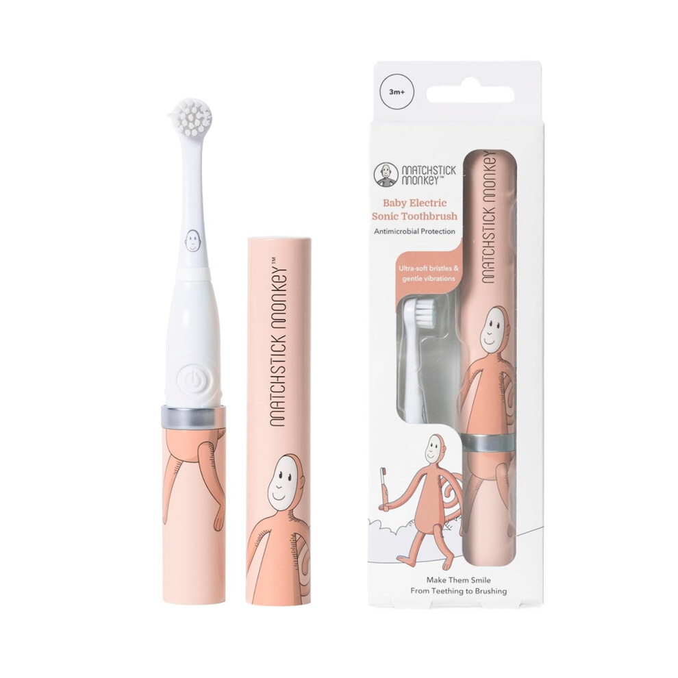 Baby Electric Sonic Toothbrush, Antimicrobial Protection, Suitable From 3 Months, Dusty Pink Matchstick Monkey
